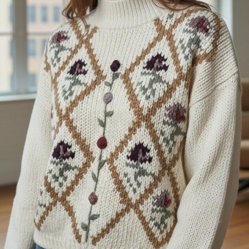 Vintage Cream Mock Neck Cottage Core Coastal Grandmother Sweater Sz Large